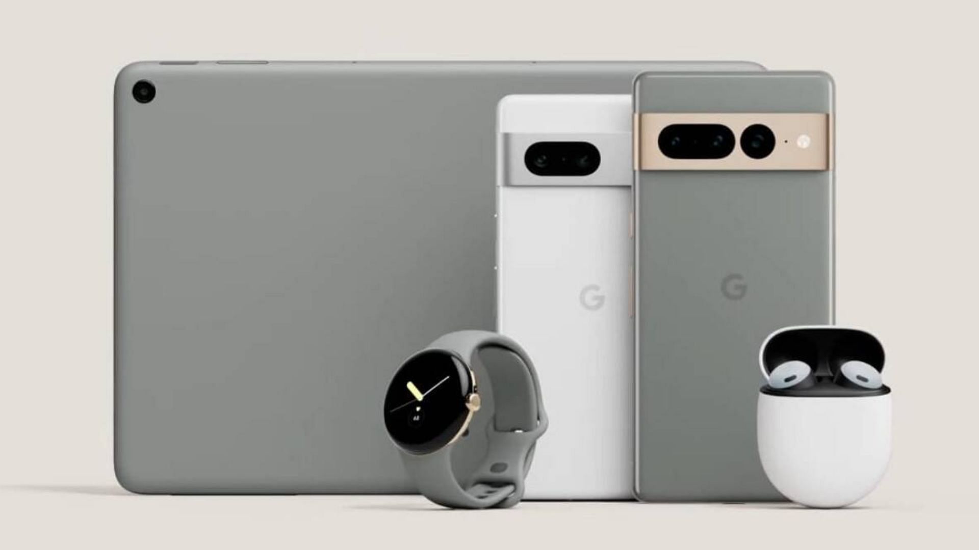 The Google Pixel 7 smartphones, Pixel tablet, watch, and earbuds (Image via Google)