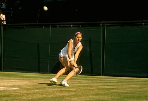 Chris Evert in action at the 1974 Wimbledon Championships.