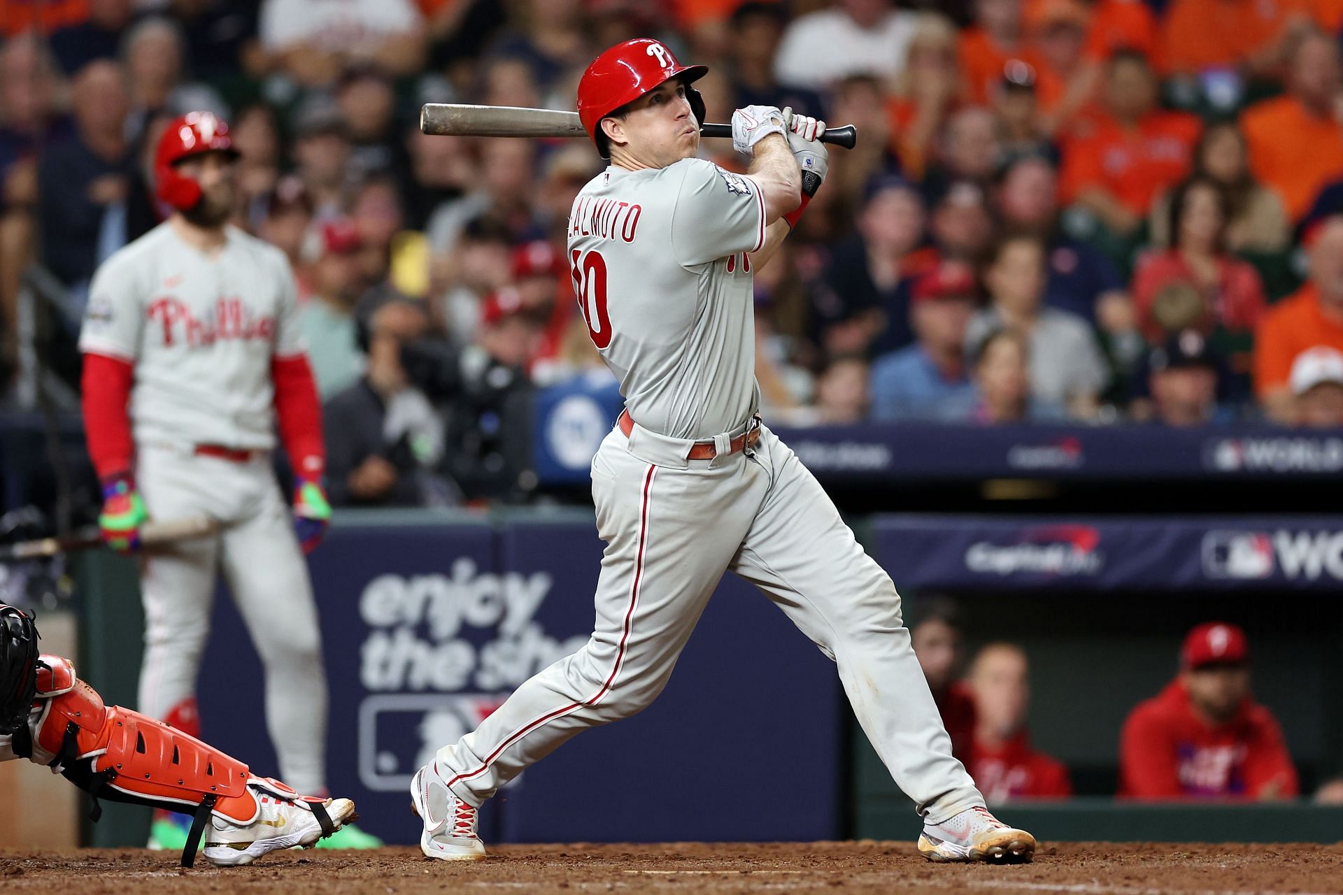 J.T. Realmuto hits a home run in the 10th inning against the Houston Astros in the 2022 World Series.