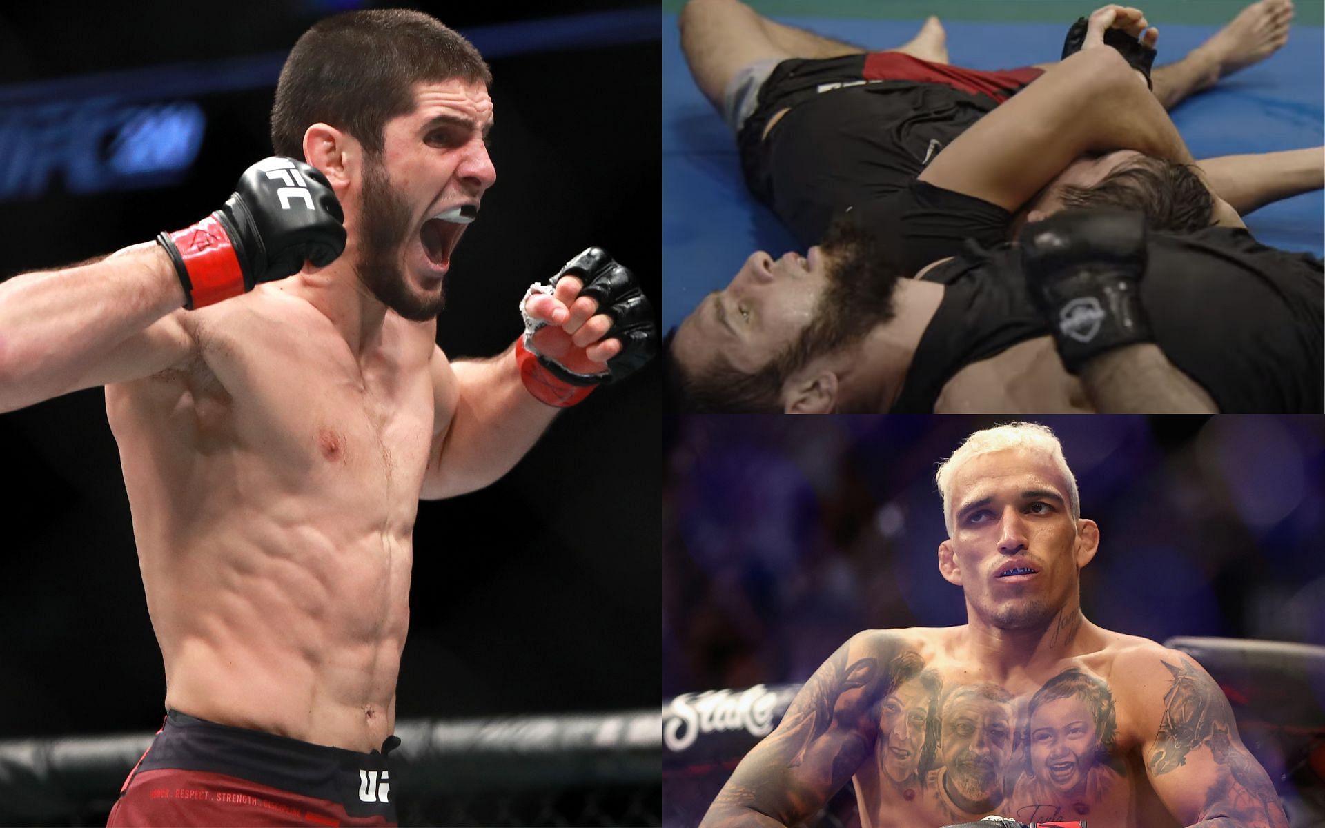 Islam Makhachev (Left), Makhachev and his sparring partner (Top Right), and Charles Oliveira (Bottom Right) [Image courtesy: left and bottom right images via Getty Images; top right image via Anatomy of a Fighter YouTube channel]