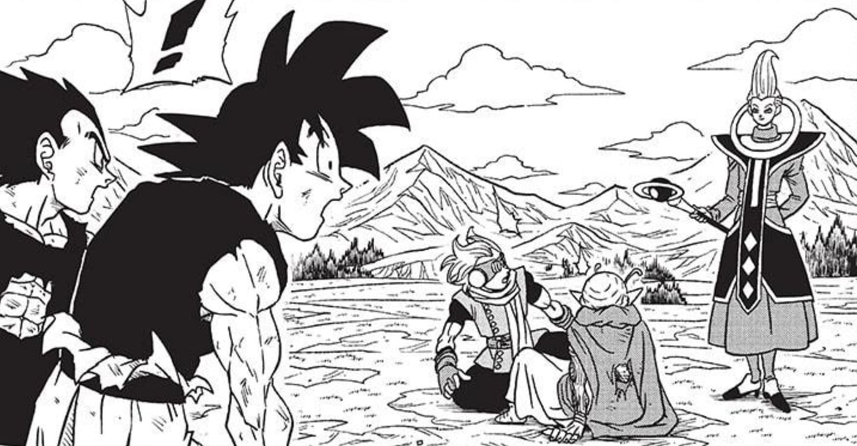 Goku and Vegeta shocked by Whis&#039;s appearance (Image via Viz Media)