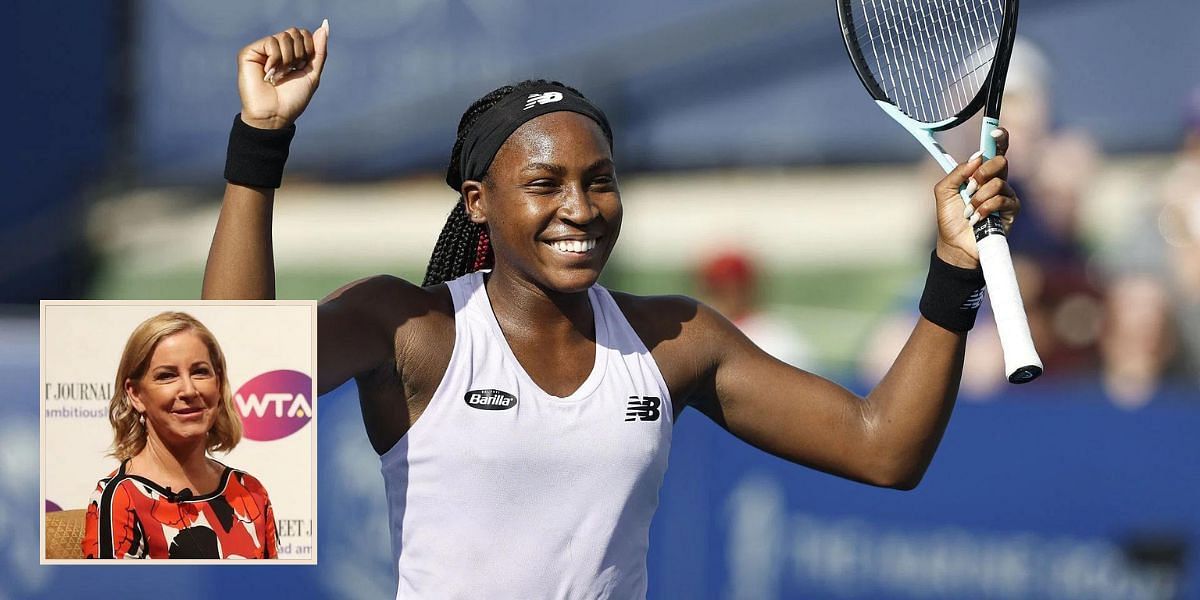 Coco Gauff in action at the San Diego Open; Chris Evert (inset).