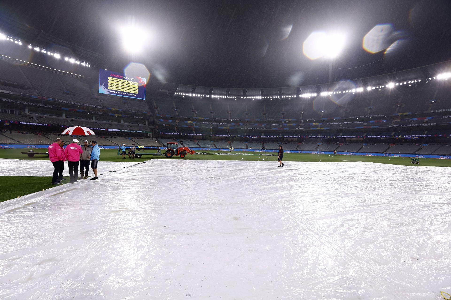 The MCG pitch covered ahead of the New Zealand v Afghanistan clash at the ICC Men&#039;s T20 World Cup (Image: Getty)