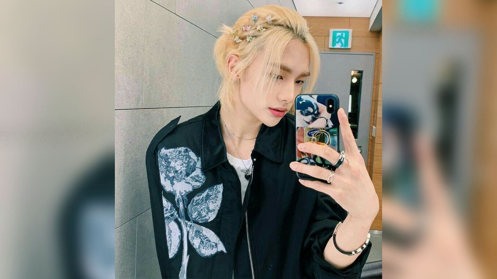 Pretty butterfly clips attached to his braids accentuated Hyunjin&#039;s over-all alluring look (Image via Twitter/mazeinmiroh)