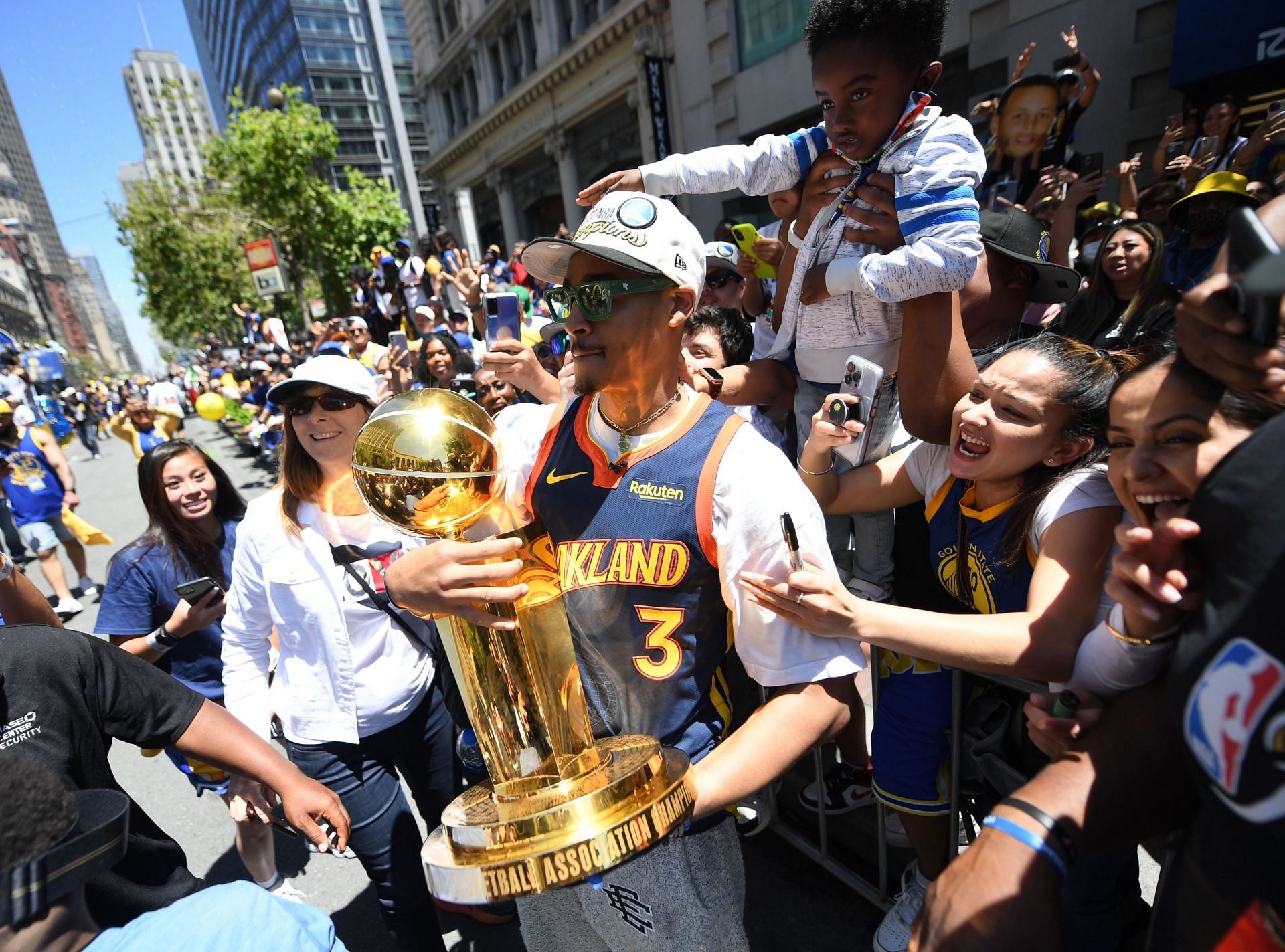 Jordan Poole celebrates at the Golden State Warriors&#039; Parade