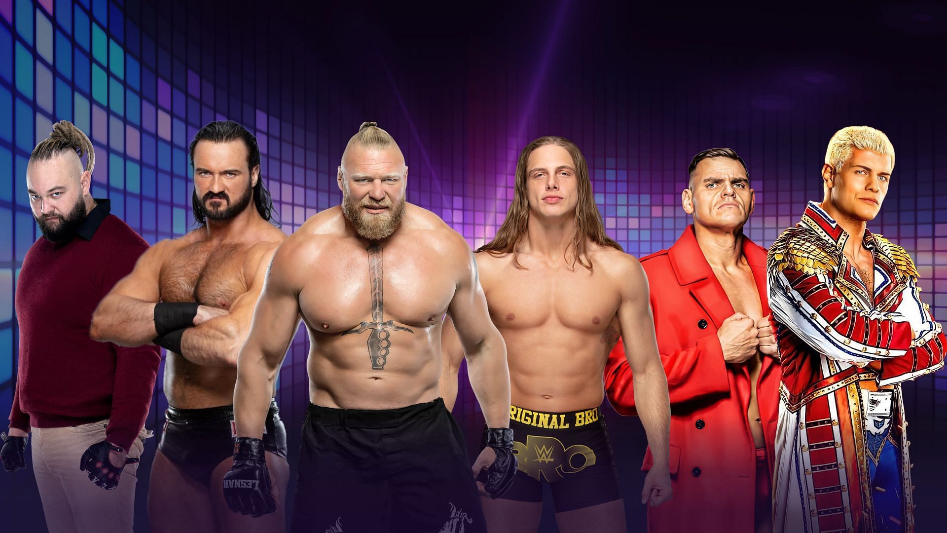 WWE Superstars Bray Wyatt, Drew McIntyre, Brock Lesnar, Matt Riddle, Gunther, and Cody Rhodes