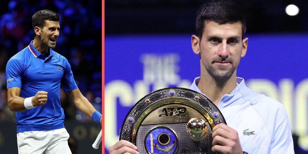 Novak Djokovic with his trophy after winning the 2022 Astana Open (R).