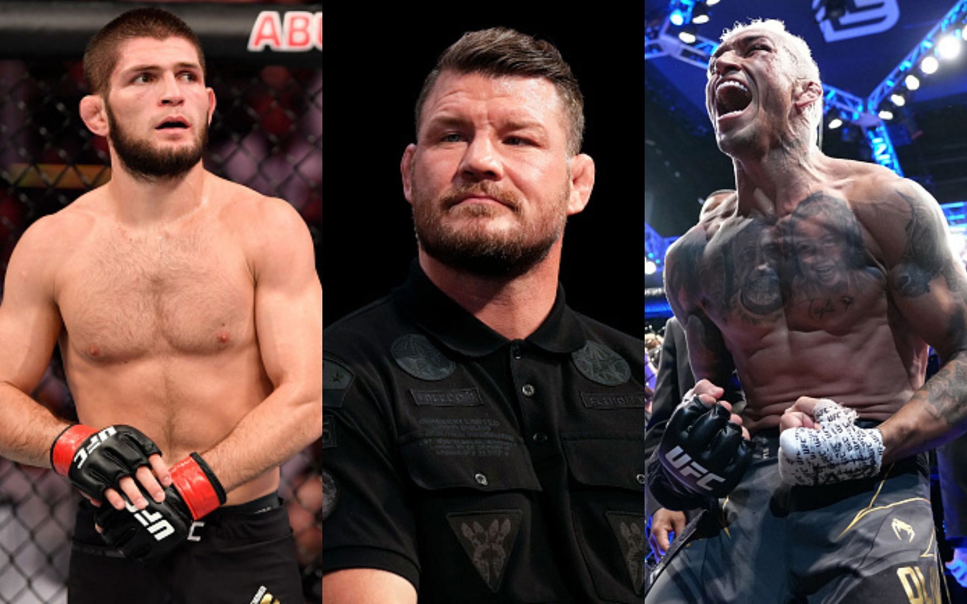 Khabib Nurmagomedov (left), Michael Bisping (middle), Charles Oliveira (right)