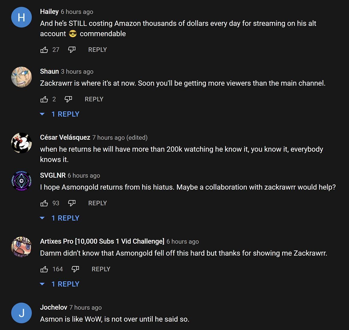 Fans in the YouTube comments section reacting to the streamer&#039;s clip (Image via Asmongold Clips/YouTube)