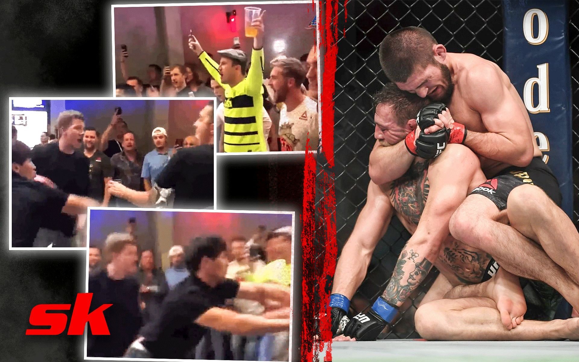 Fans brawling after UFC 229 (left) and Khabib Nurmagomedov choking Conor McGregor (right). [Images courtesy: left images from Twitter @oocmma and right image from Instagram @ufc]