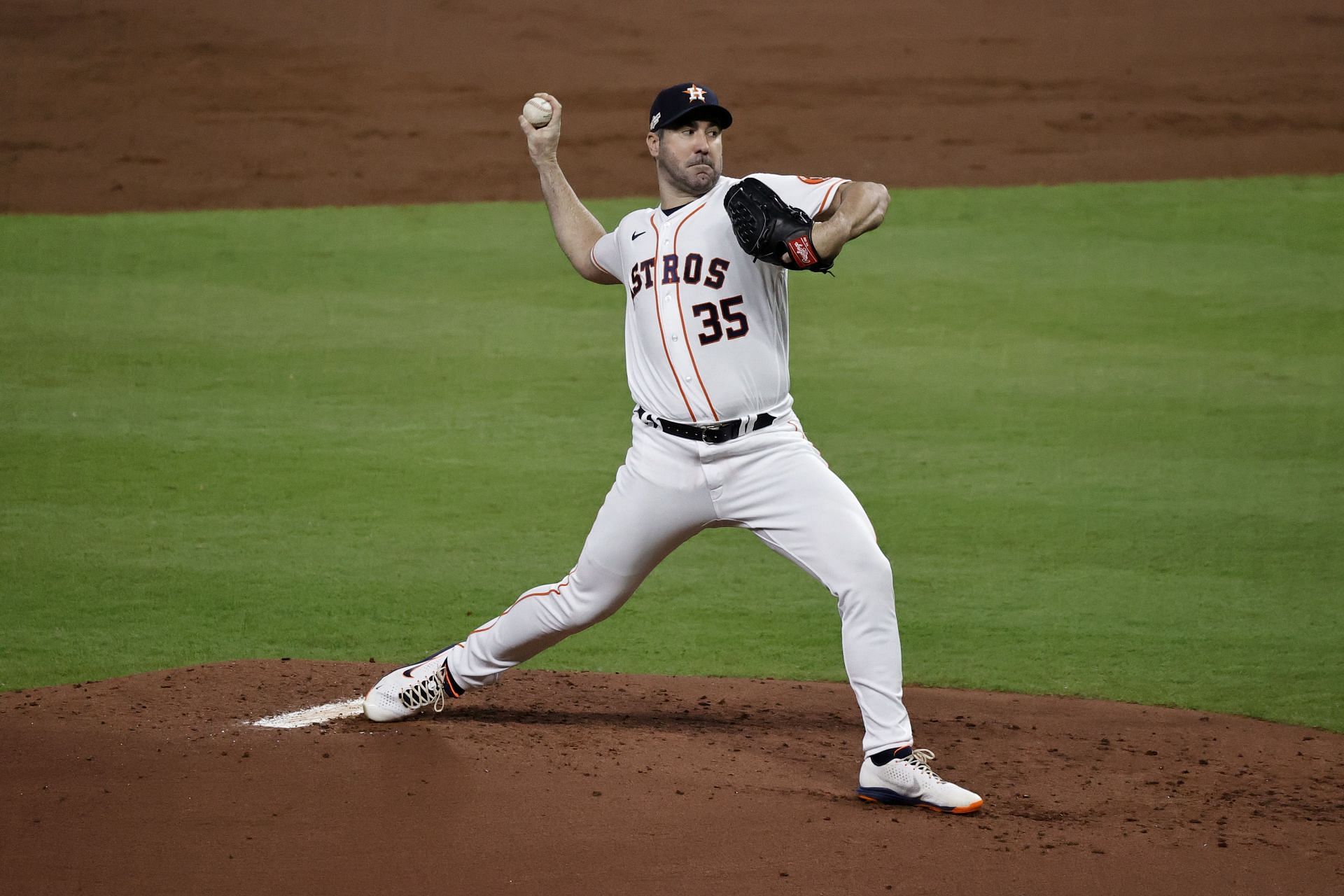 Justin Verlander pitches against the New York Yankees in game one at Minute Maid Park