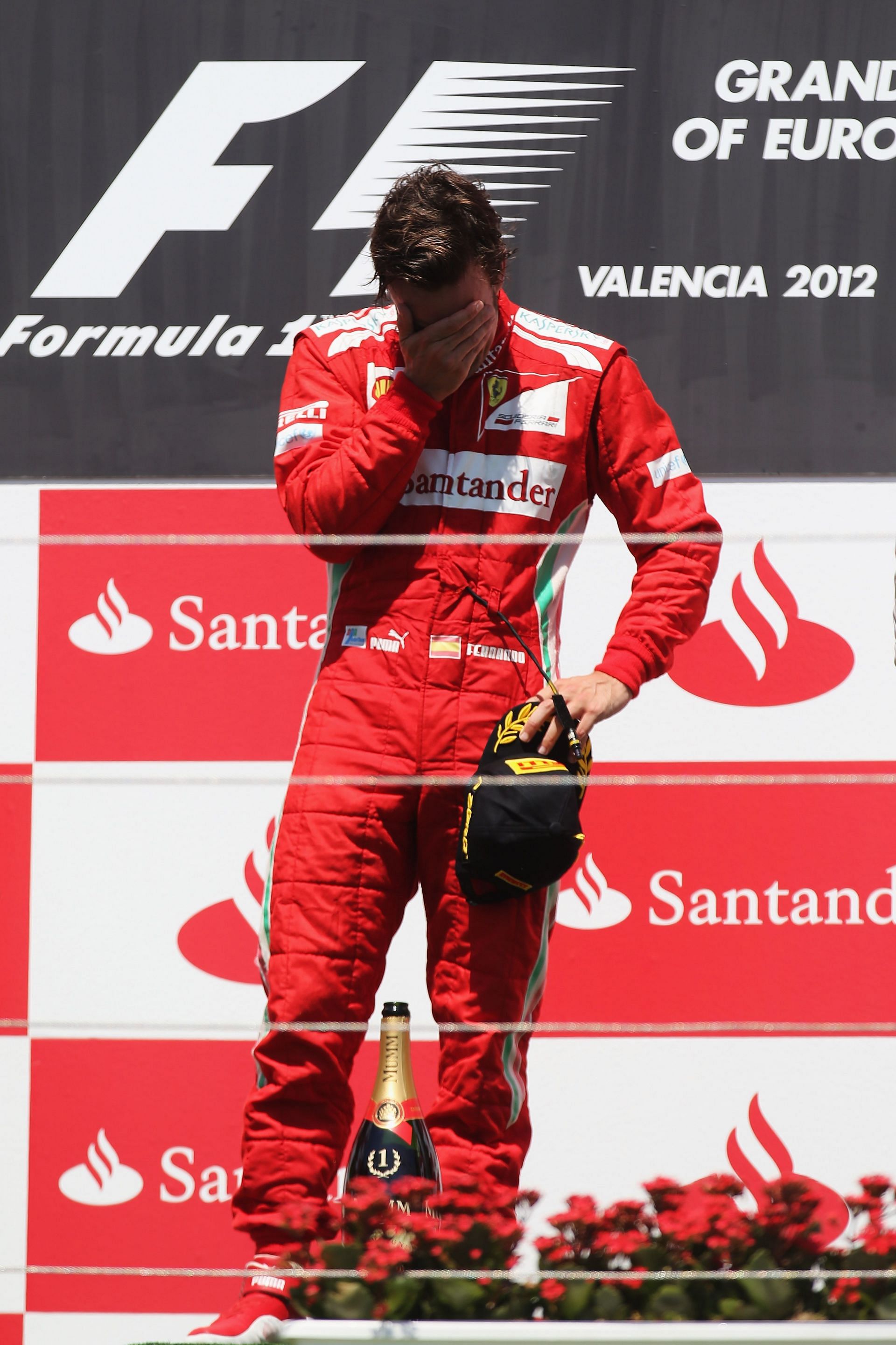 An emotional Fernando Alonso after winning the 2012 European Grand Prix