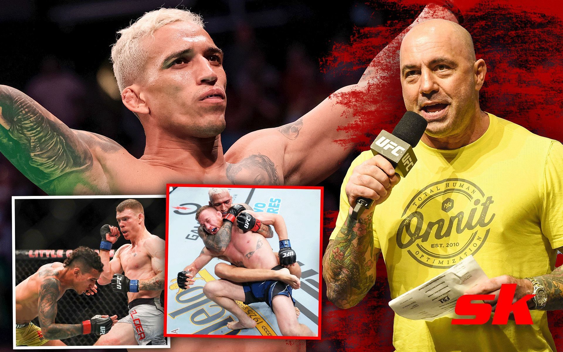 Charles Oliveira in action (Left) Joe Rogan (Right) [Images via: Oliveira vs. Gaethje from @ufc on Instagram, rest via Getty]