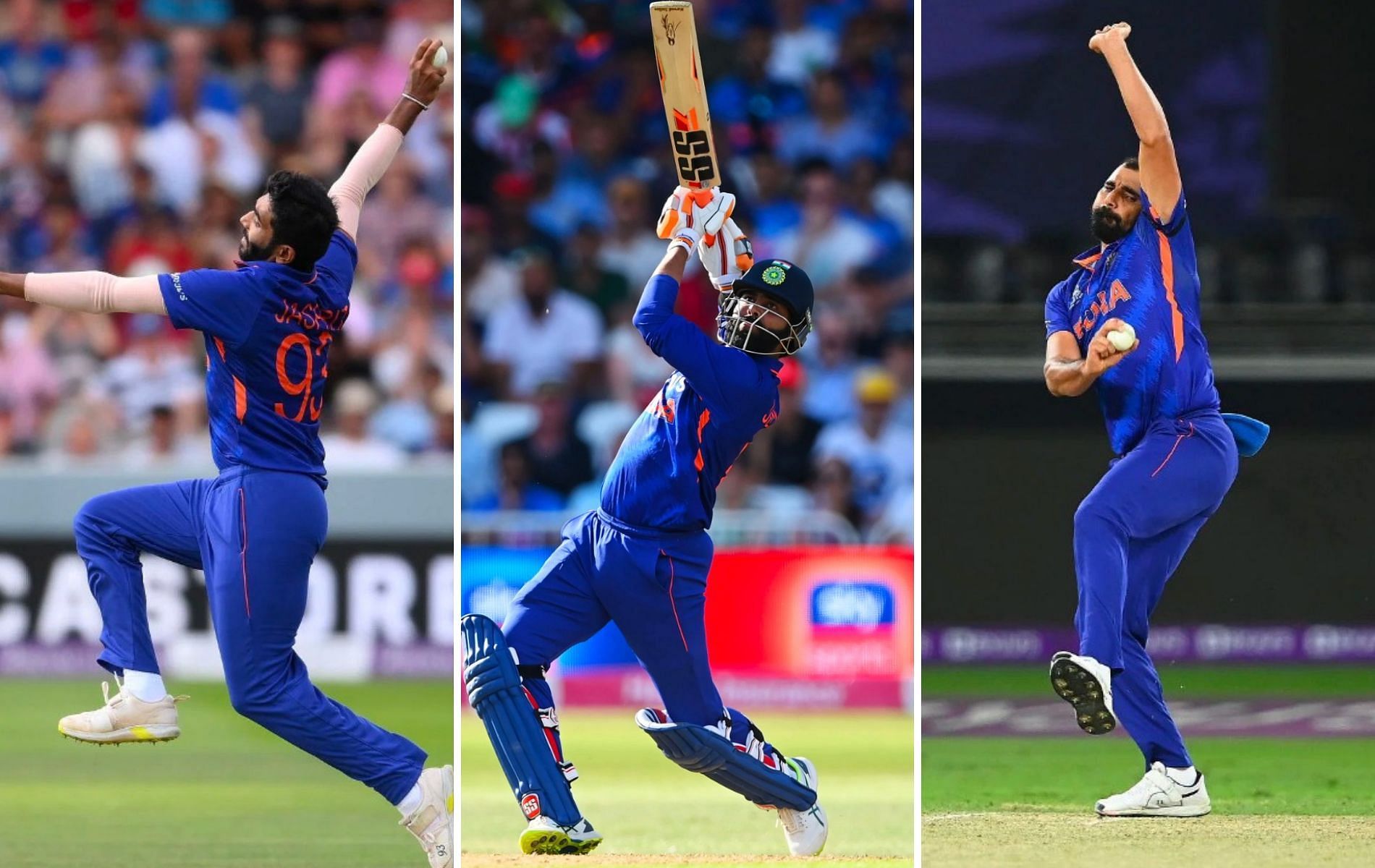 (L to R) Jasprit Bumrah, Ravindra Jadeja and Mohammed Shami. (Pics: Getty)