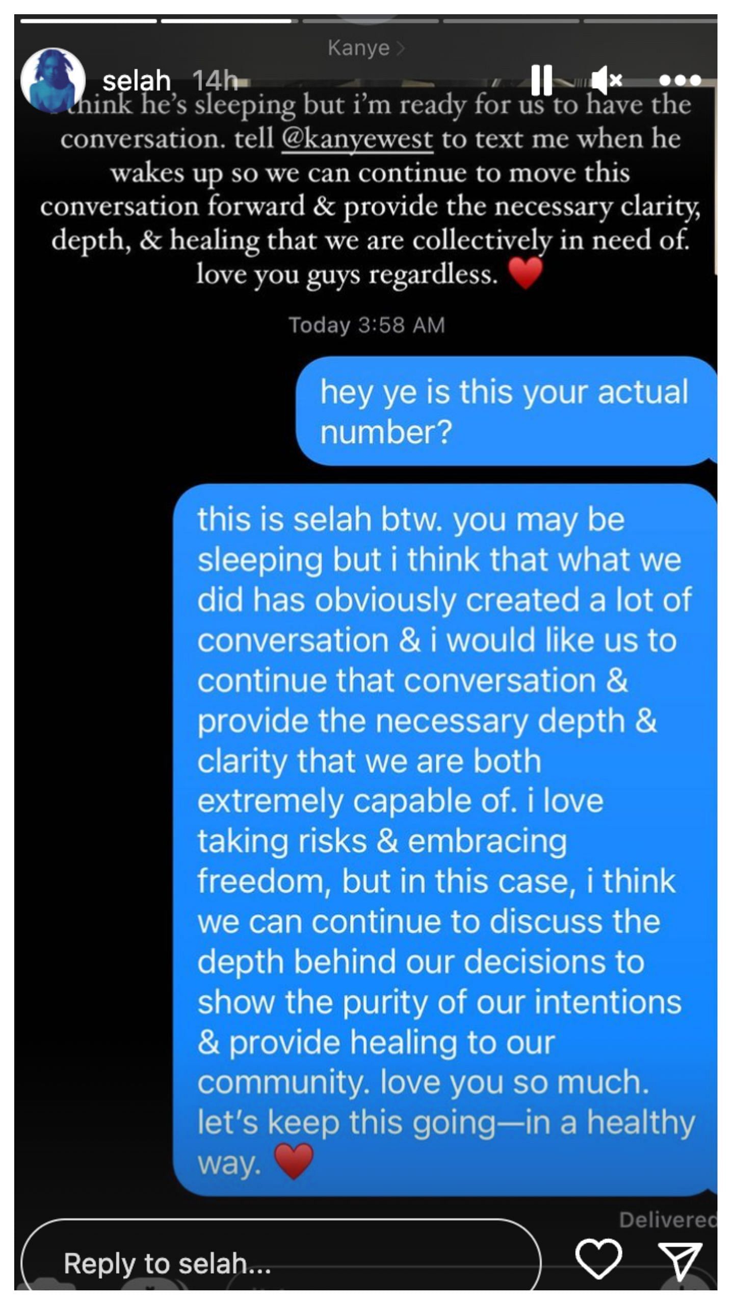 Selah shares her conversation thread with Kanye West. (Image via Instagram)