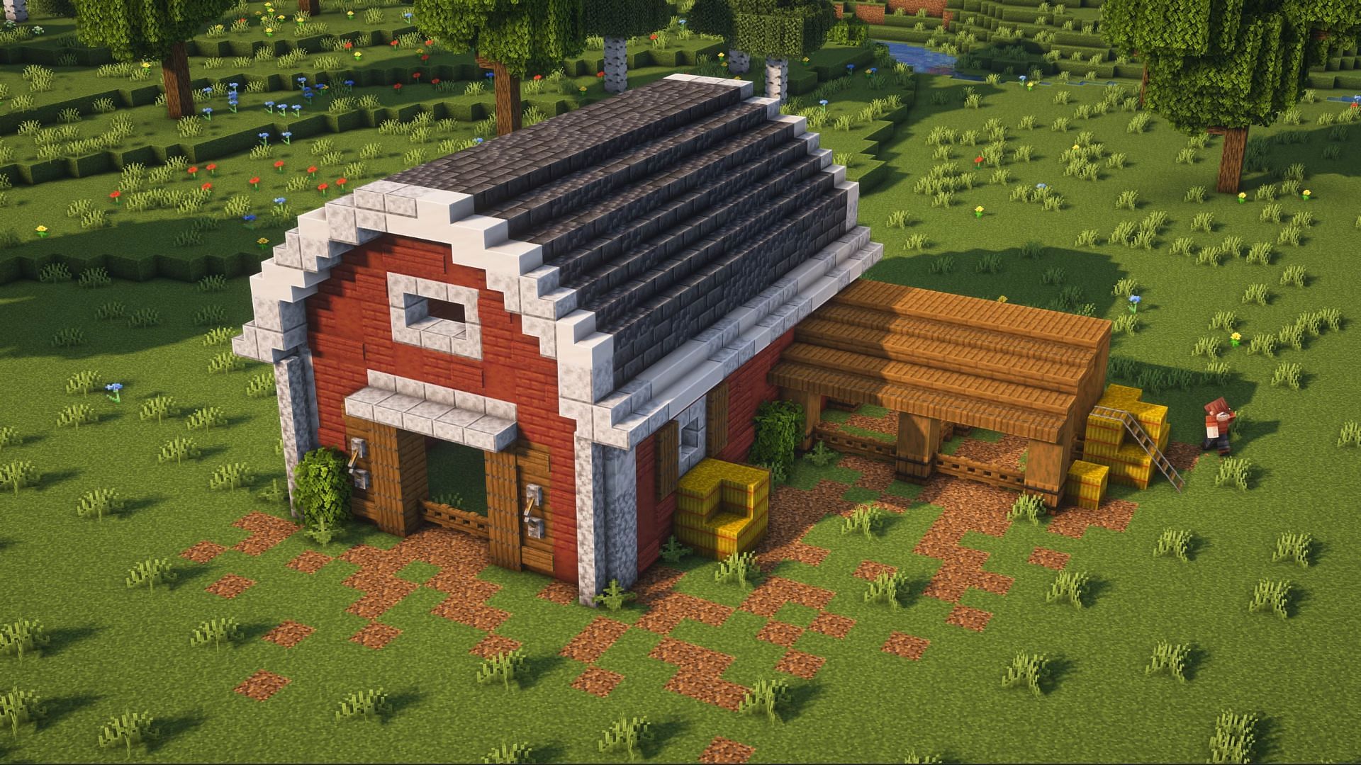 Stables and sheds can be built beside Minecraft barns to store farm animals (Image via Mojang || YouTube/Goldrobin)