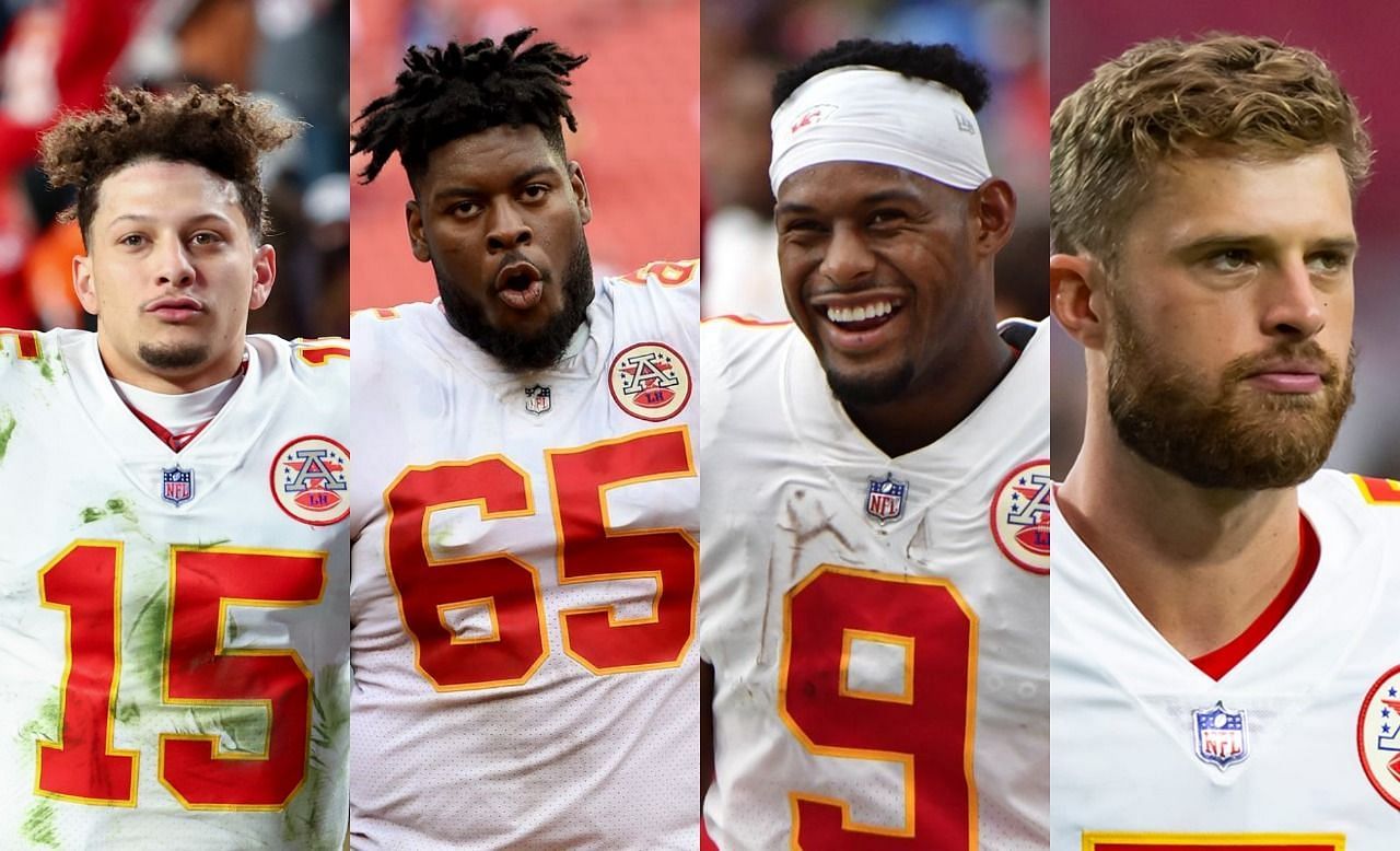(L-to-R) Patrick Mahomes, Trey Smith, JuJu Smith-Schuster and Harrison Bukter