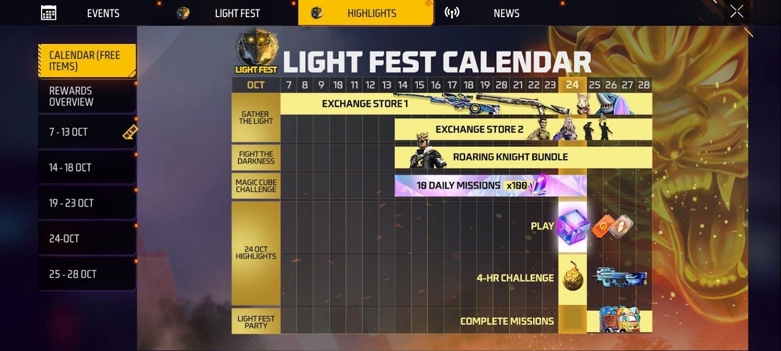 Light Fest calendar (Image via Garena)