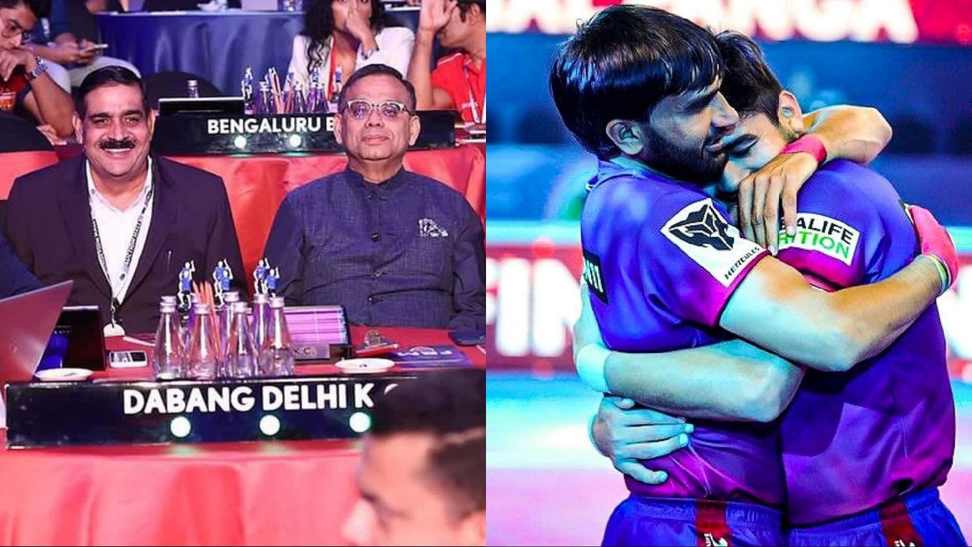 Dabang Delhi KC coach Krishan Hooda; Naveen Kumar hugging Joginder Narwal (Image: Instagram)