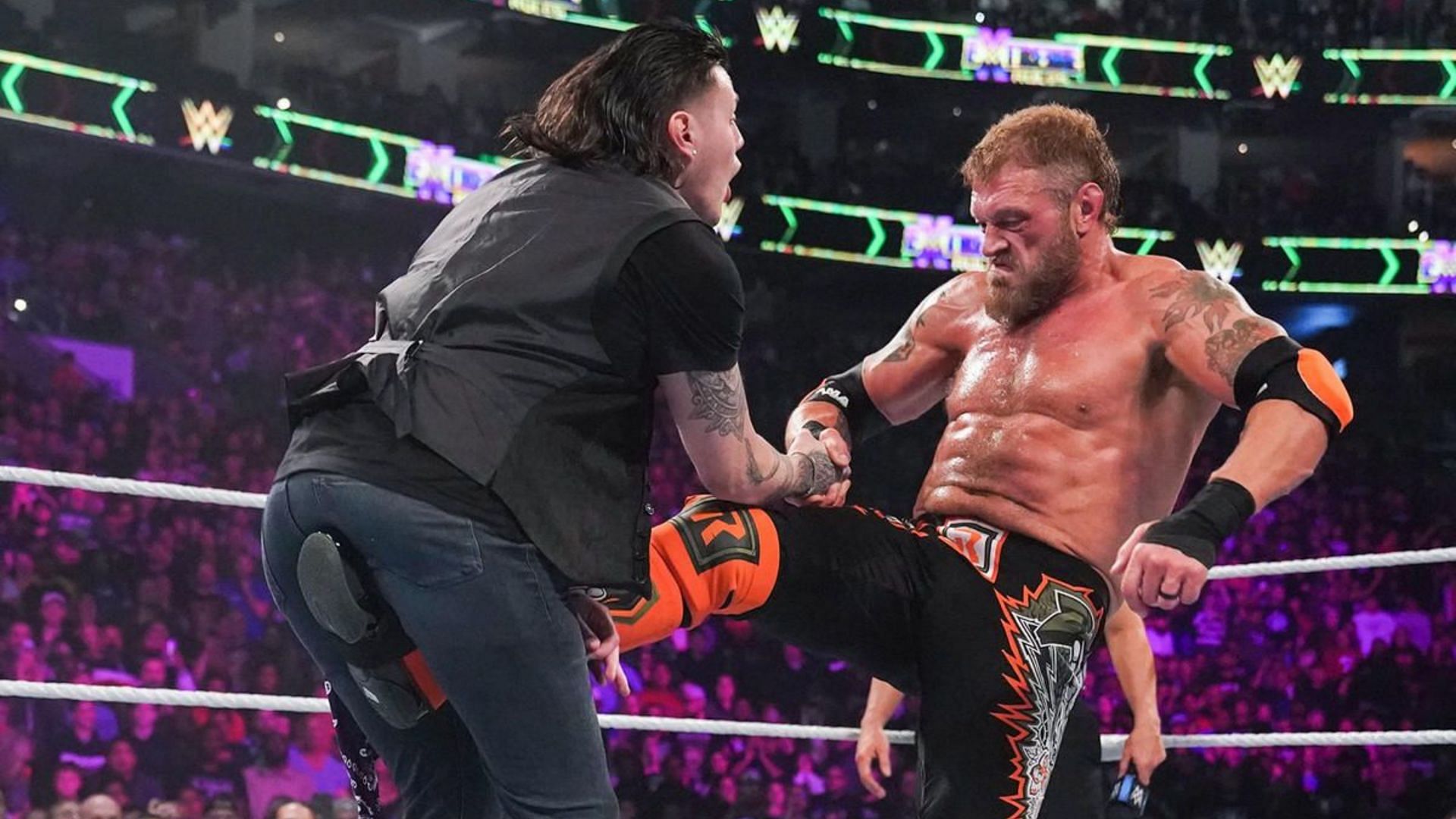 Edge hit Dominik Mysterio with a devastating low blow (Source: WWE.com)