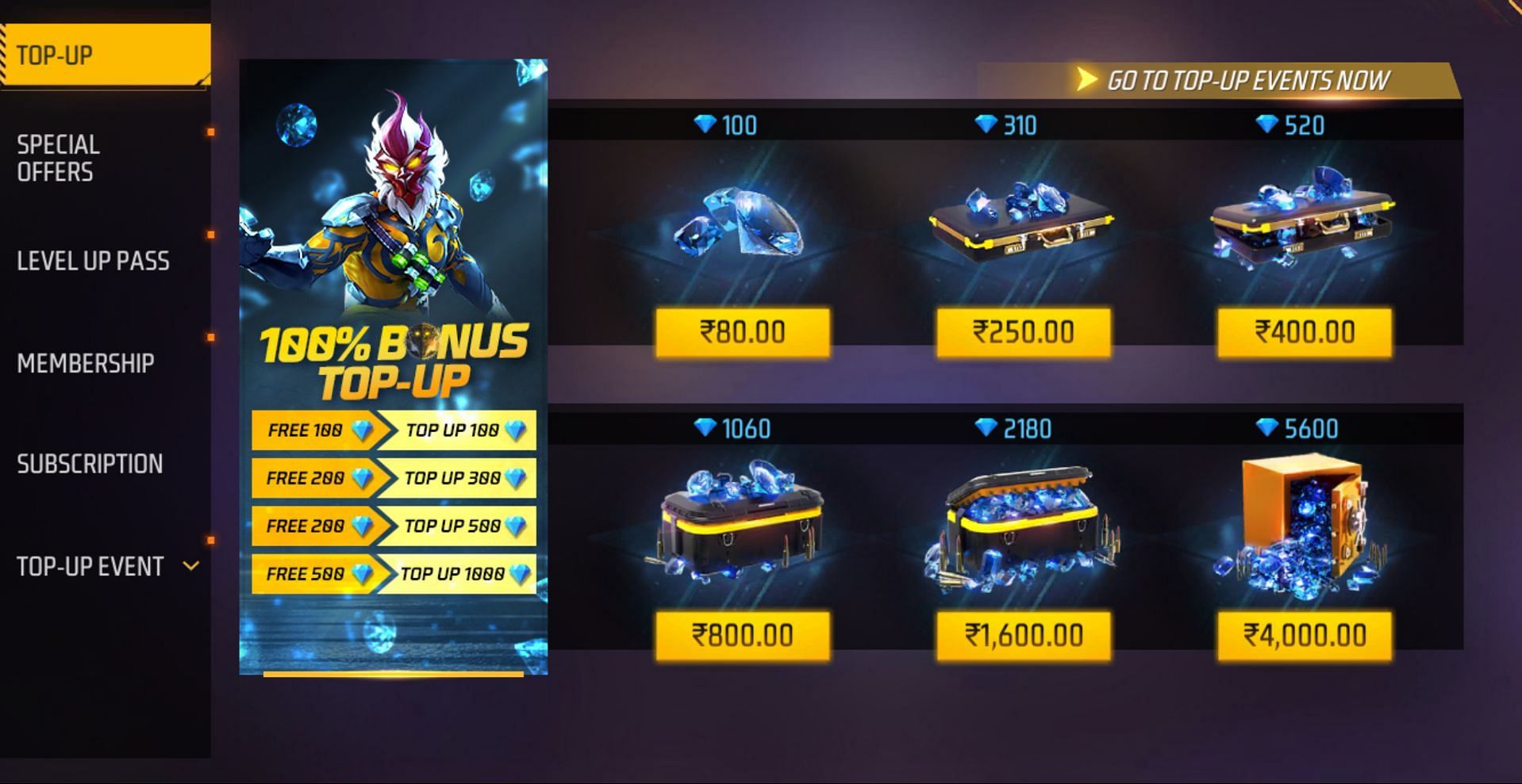 These are several options that are present in the in-game top-up center (Image via Garena)