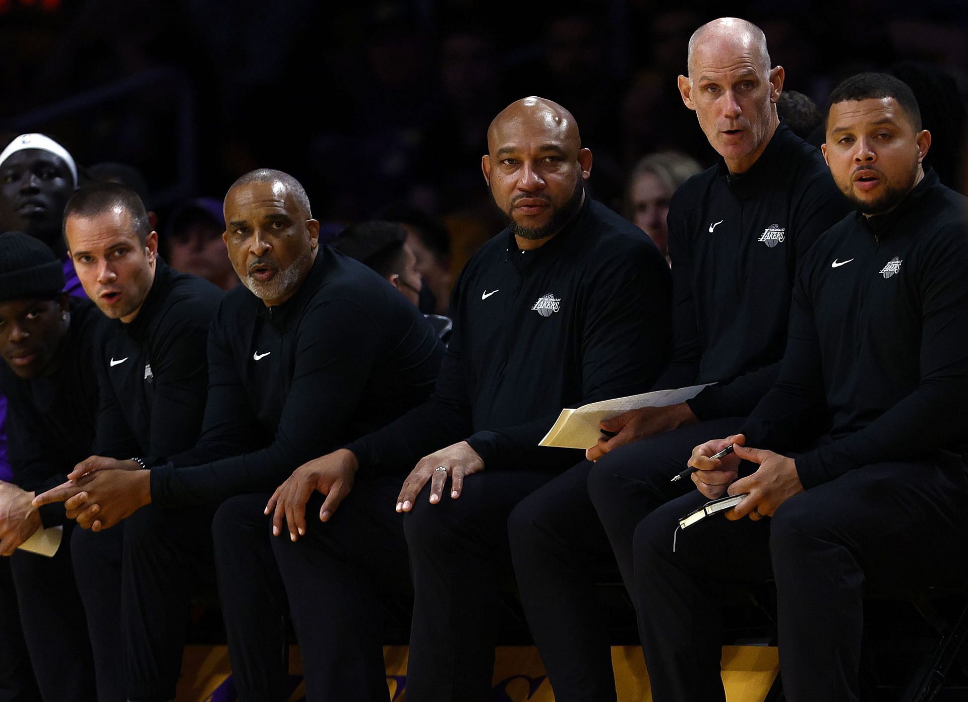 LA Lakers&#039; coaching staff looks on during the game.