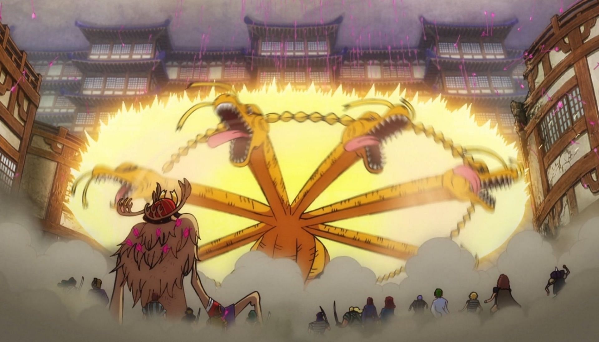 Queen spinning in One Piece episode 1036 (Image via Toei Animation)