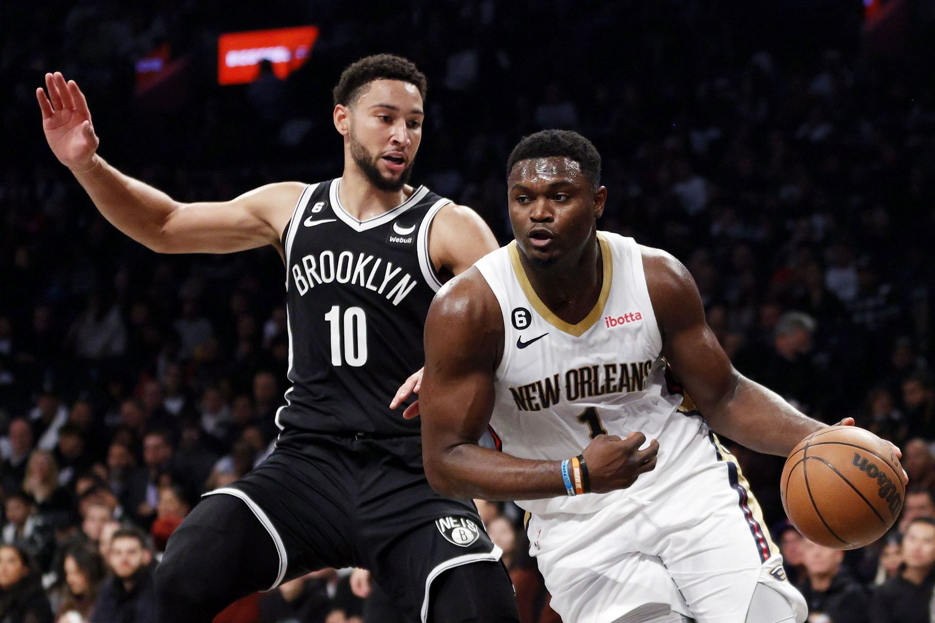Brooklyn Nets forward Ben Simmons guarding New Orleans Pelicans All-Star forward Zion Williamson