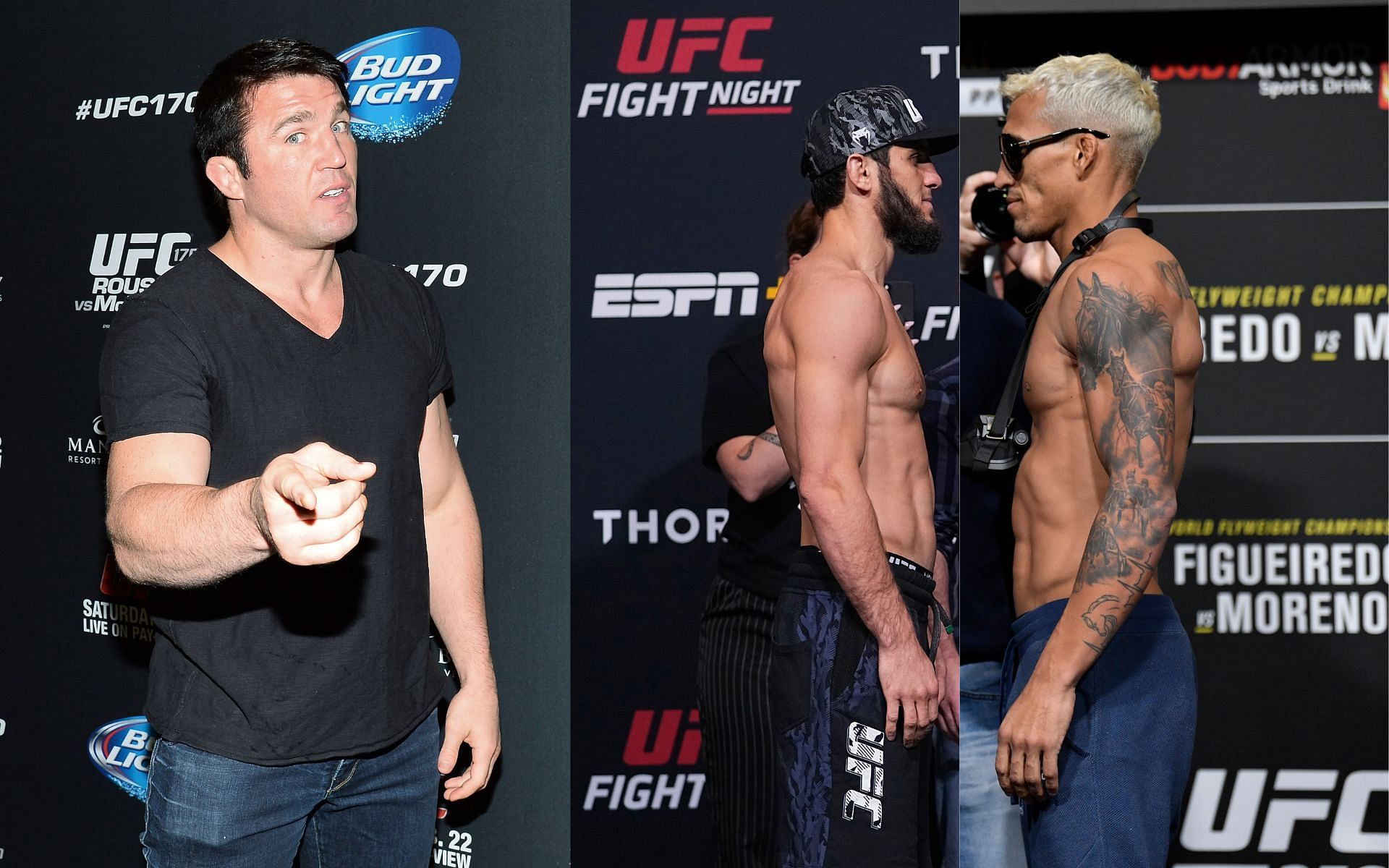From left to right: Chael Sonnen, Islam Makhachev, Charles Oliveira