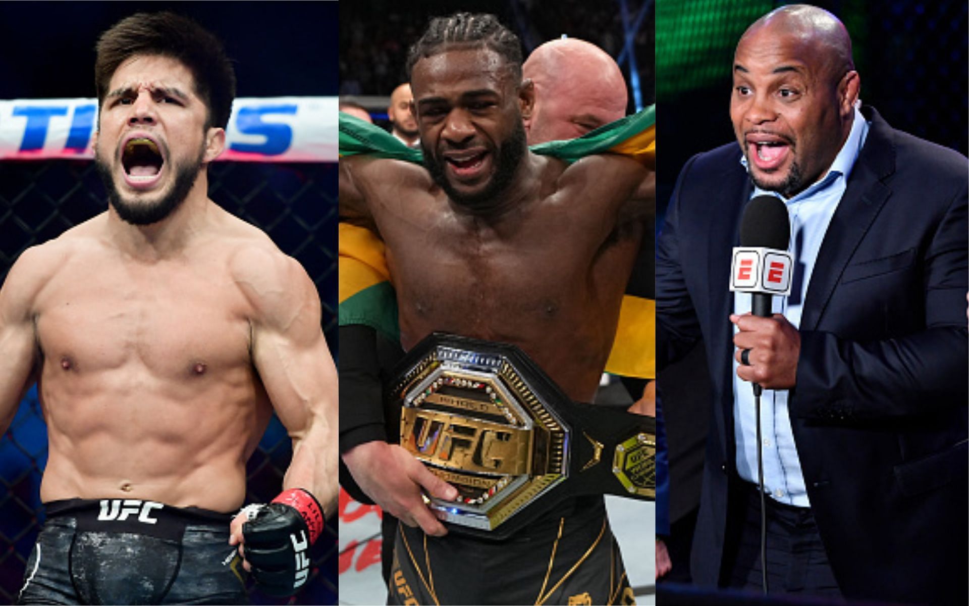 Henry Cejudo (left), Aljamain Sterling (middle), and Daniel Cormier (right)(Images via Getty)