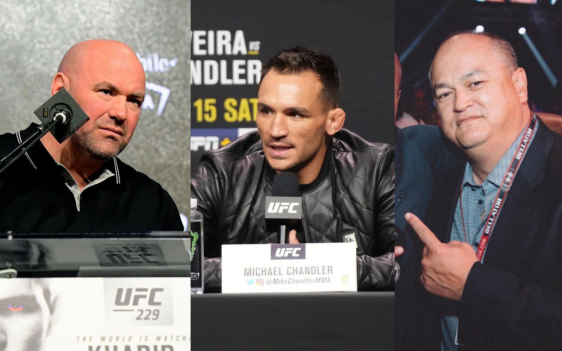 Dana White (left), Michael Chandler (middle) and Scott Coker (right)