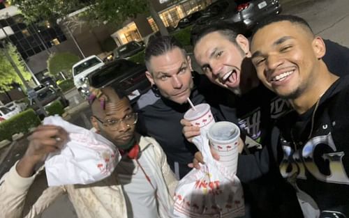 Marq Quen (far left), Jeff Hardy (left), Matt Hardy (right), and Isiah Kassidy (far right).