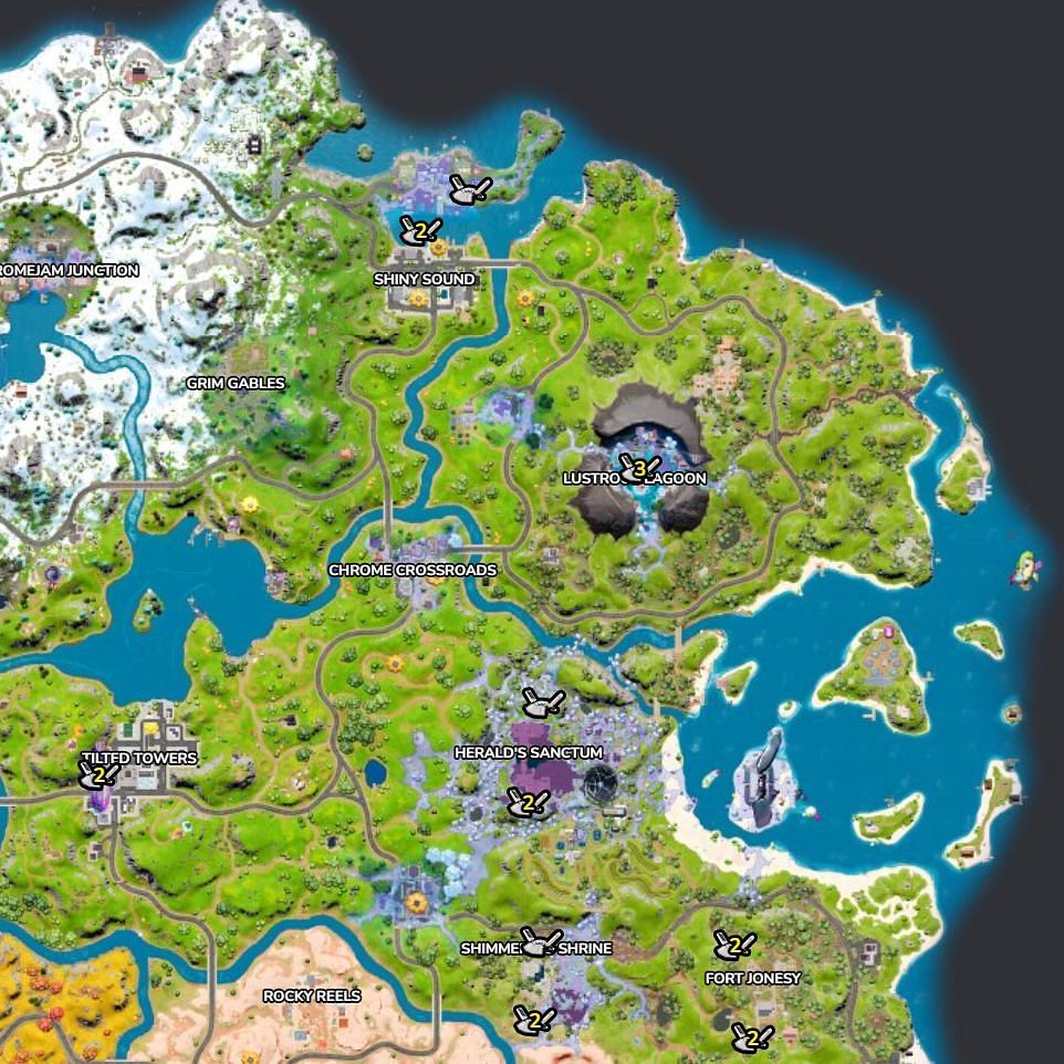 All D-Launcher locations in the grass biome (Image via Fortnite.GG)