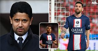 Lionel Messi and PSG chief Nasser Al-Khelaifi show no reaction to Kylian Mbappe's goal against Benfica