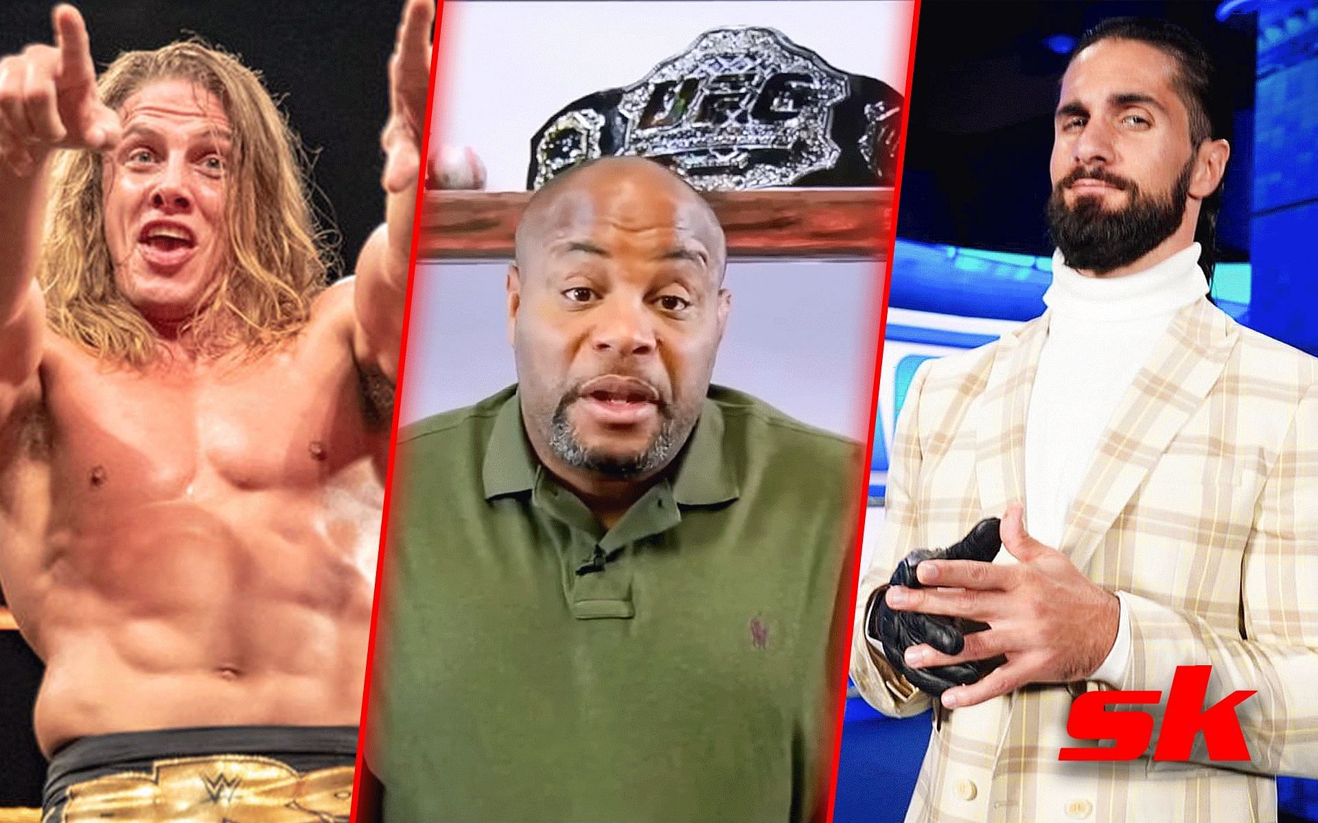 Matt Riddle (Left), Daniel Cormier (Center) and Seth Rollins (Right) [Images via: Cormier from Daniel Cormier| YouTube | Riddle from wwe.com | Rollins from @wwerollins on Instagram]