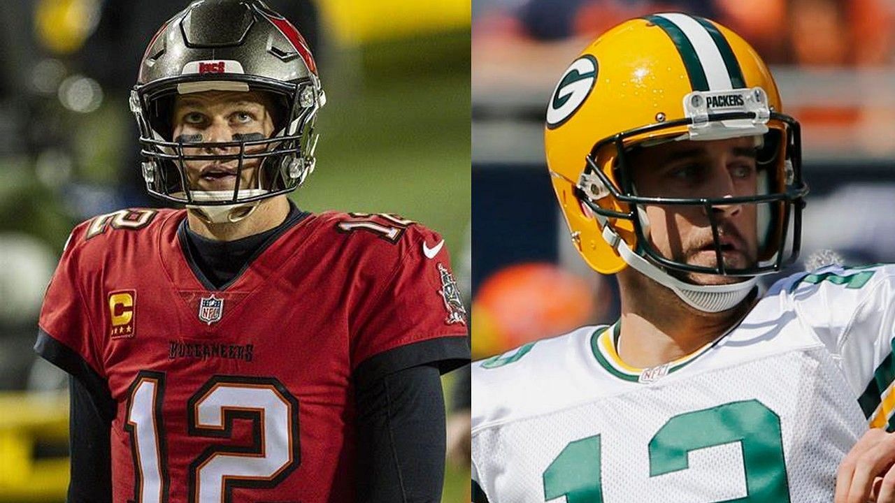 Tampa Bay Buccaneers quarterback Tom Brady (left) and Green Bay Packers quarterback Aaron Rodgers (right). 