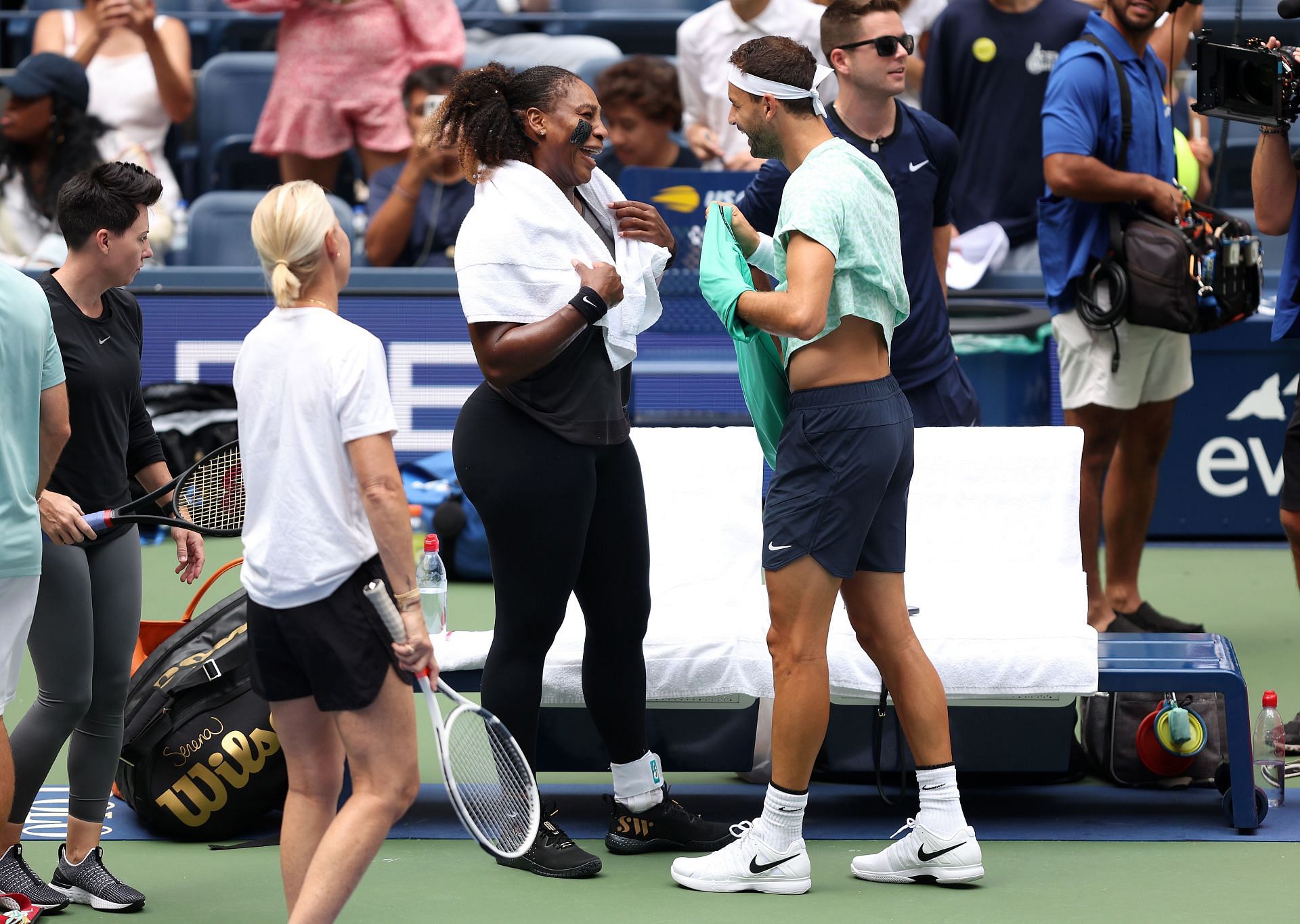 Serena Williams and Grigor Dimitrov during a practice session at the 2022 US Open