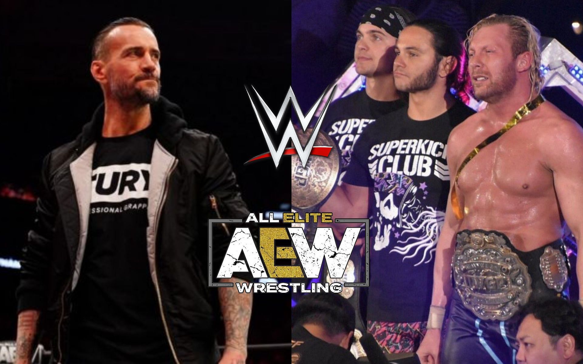 CM Punk (left) and The Elite [The Young Bucks and Kenny Omega] (right).