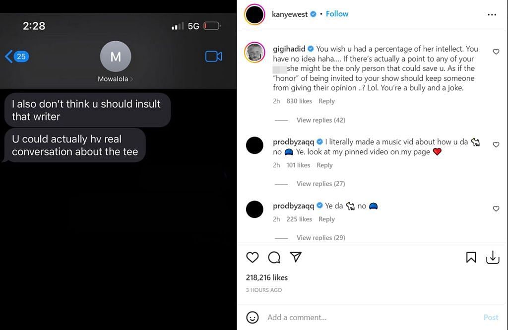 Gigi Hadid slams Kanye West (Image via kanyewest/Instagram)