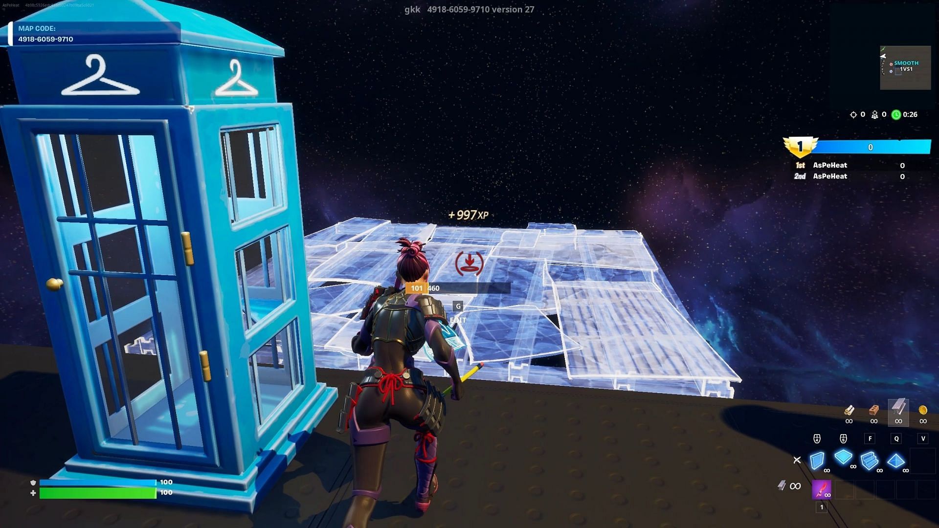 To get the most out of the XP glitch, build floors behind the telephone booth (Image via Epic Games)
