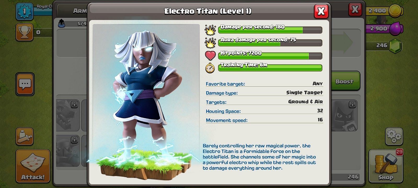 Non-upgradable stats for Electro Titan (Image via Supercell)