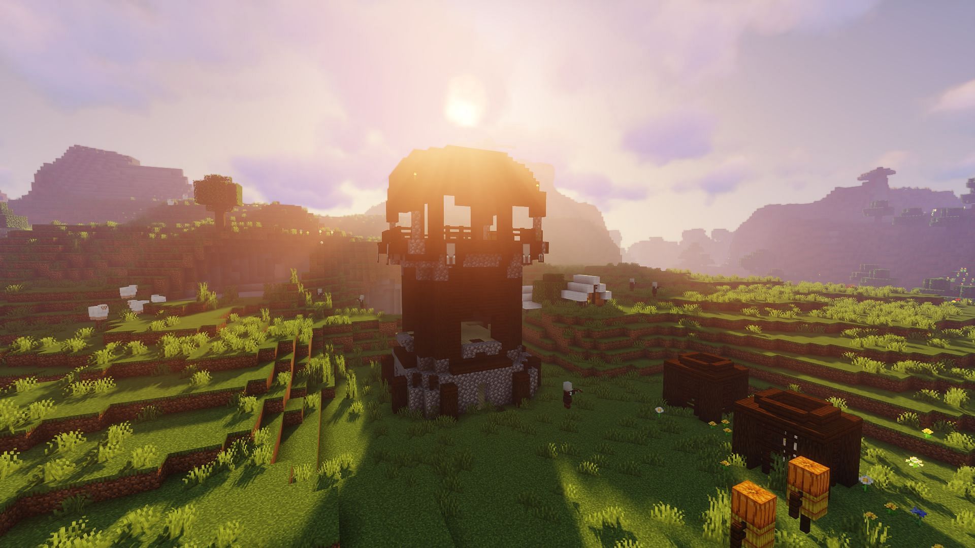 A pillager outpost in front of the rising sun (Image via Minecraft)