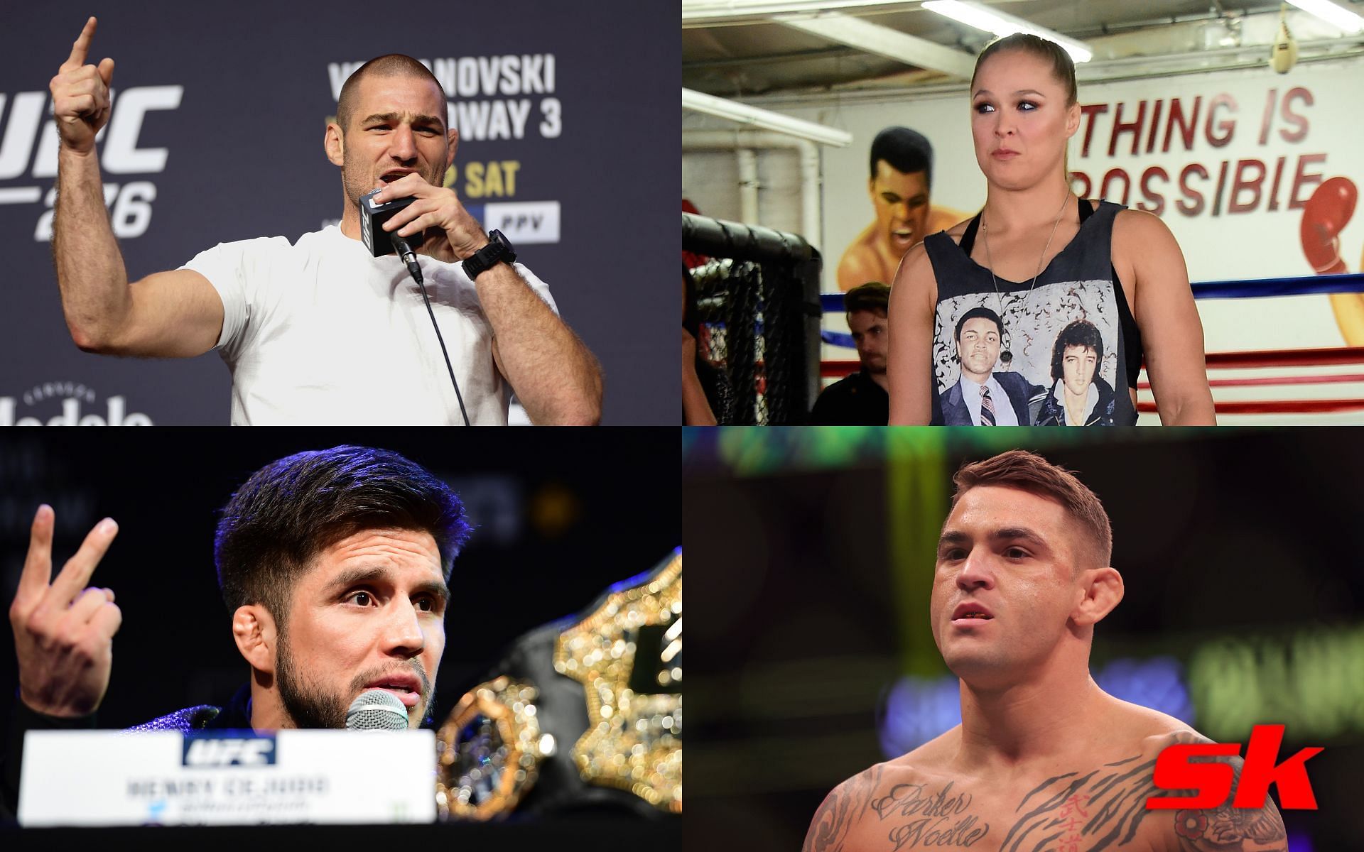 Sean Strickland (top left), Ronda Rousey (top right), Henry Cejudo (bottom left), Dustin Poirier (bottom right)