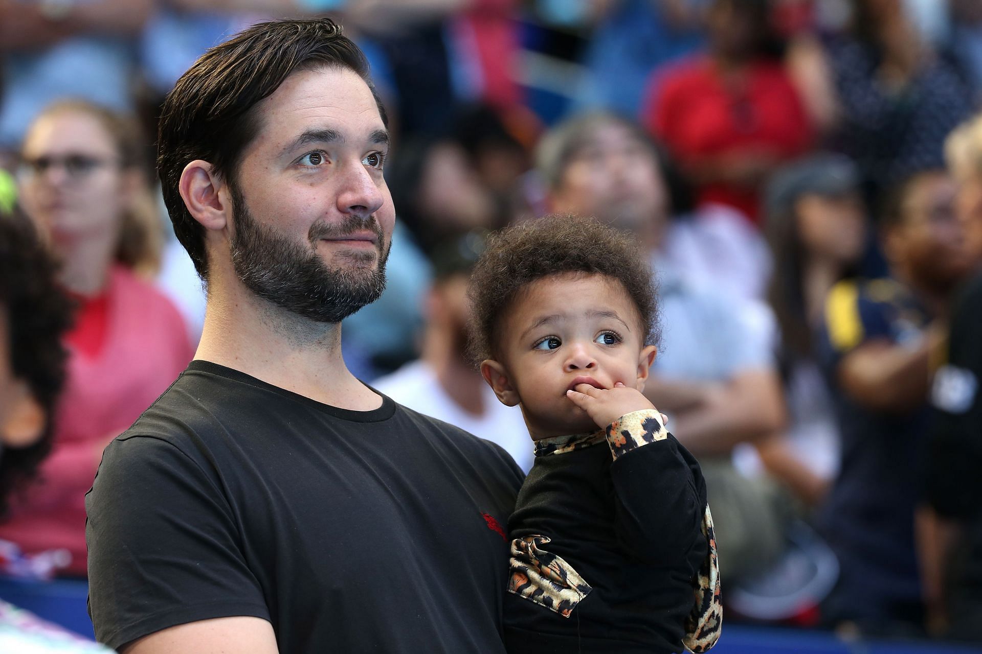 Alexis Ohanian and daughter Olympia at the 2019 Hopman Cup.