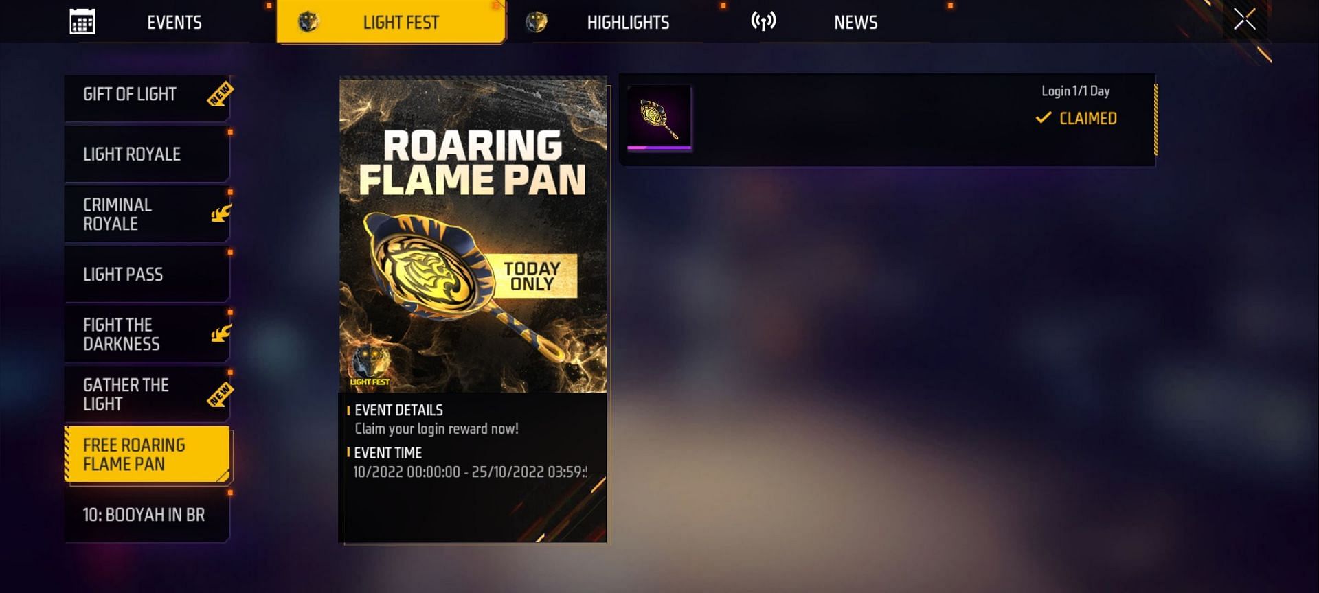 Head to the Light Fest event section to access the free Pan skin (Image via Garena)