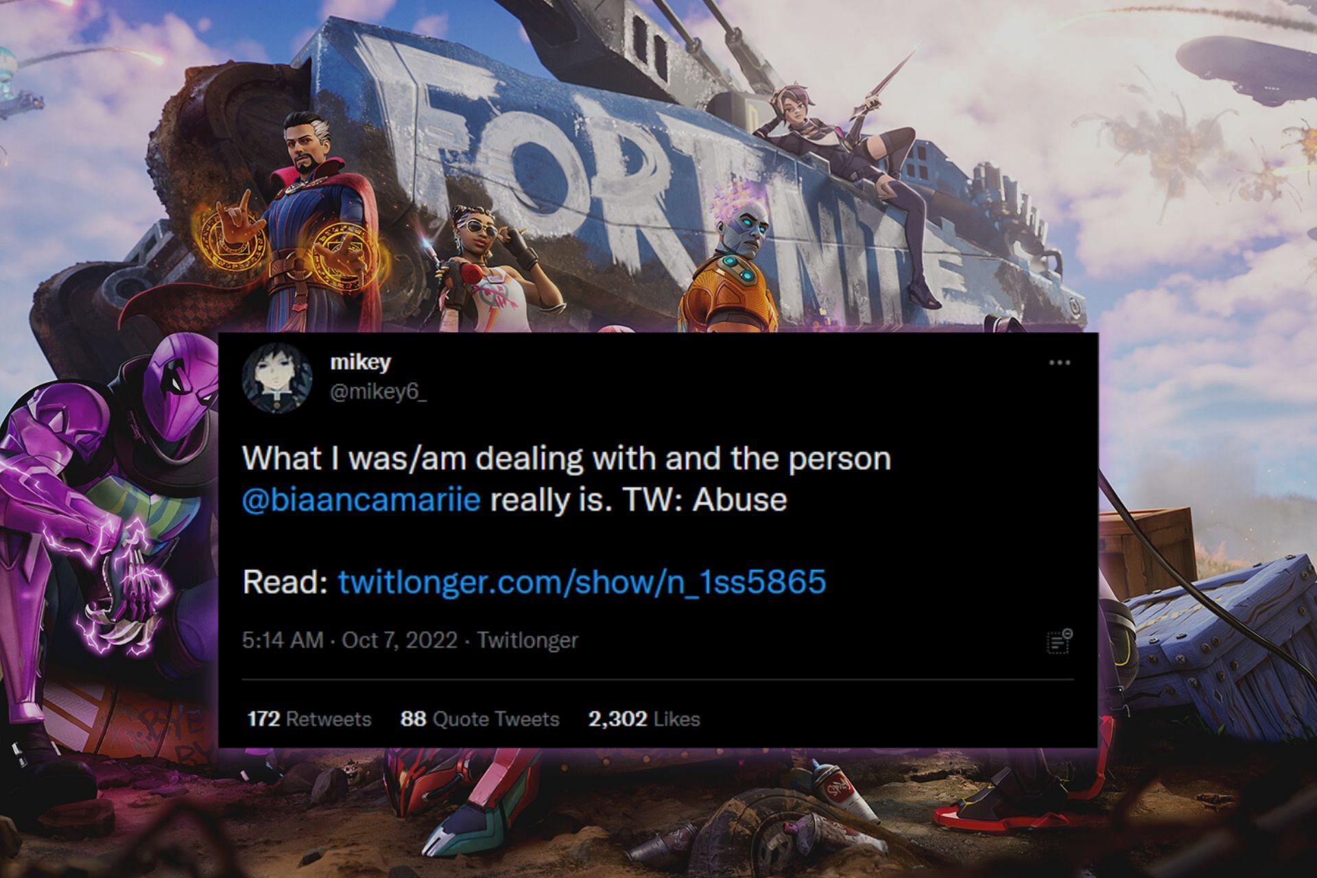 Fortnite streamer Mikey6 shares his experience via a TwitLonger post (Image via Sportskeeda)