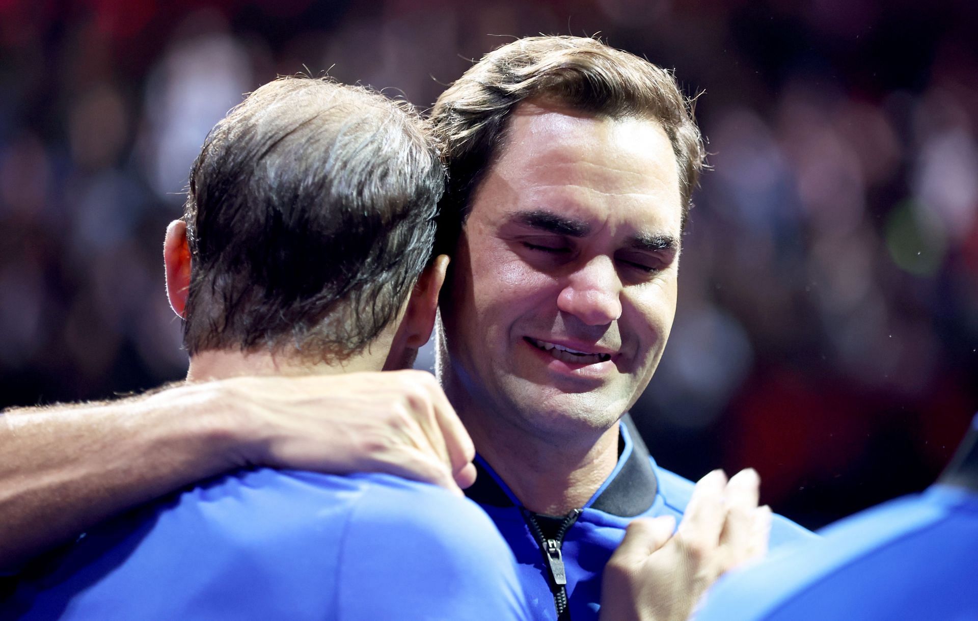 Rafael Nadal and Roger Federer share a hug at the 2022 Laver Cup.