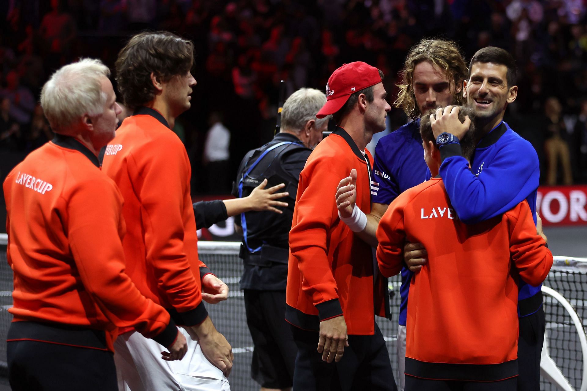 Diego Schwartzman of Team World and Novak Djokovic of Team Europe at the 2022 Laver Cup - Day Three