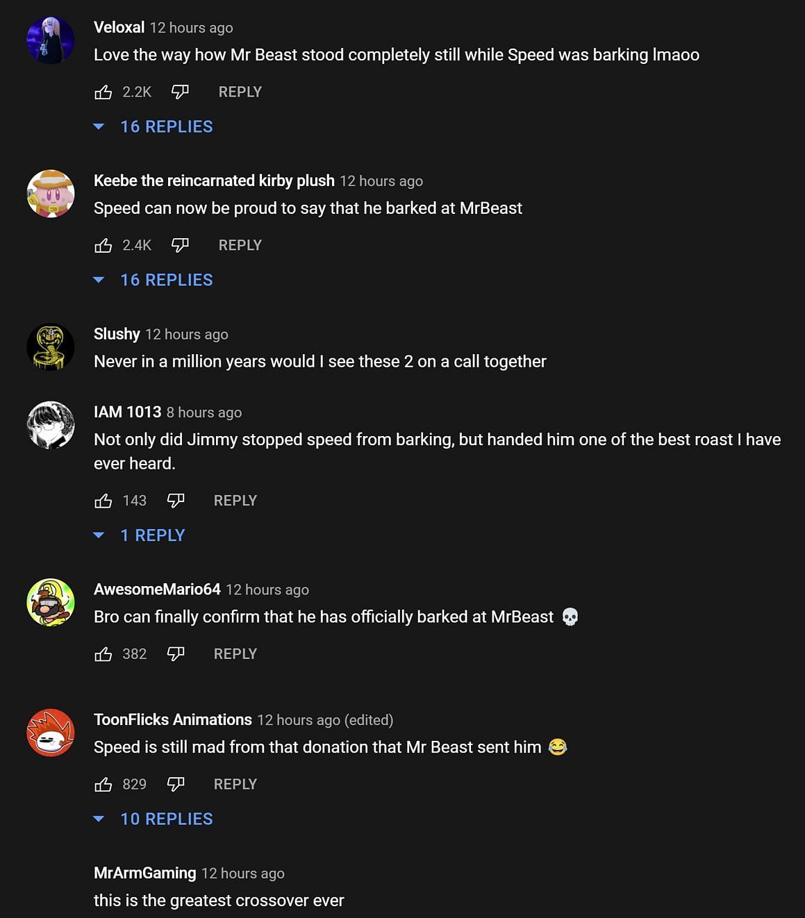 Fans in the YouTube comments section reacting to the streamer calling MrBeast (Images via Speedy Boykins/YouTube)