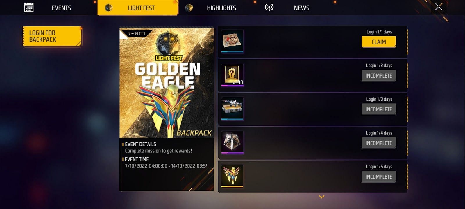 Golden Eagle Backpack is available as a login reward in Free Fire MAX (Image via Garena)